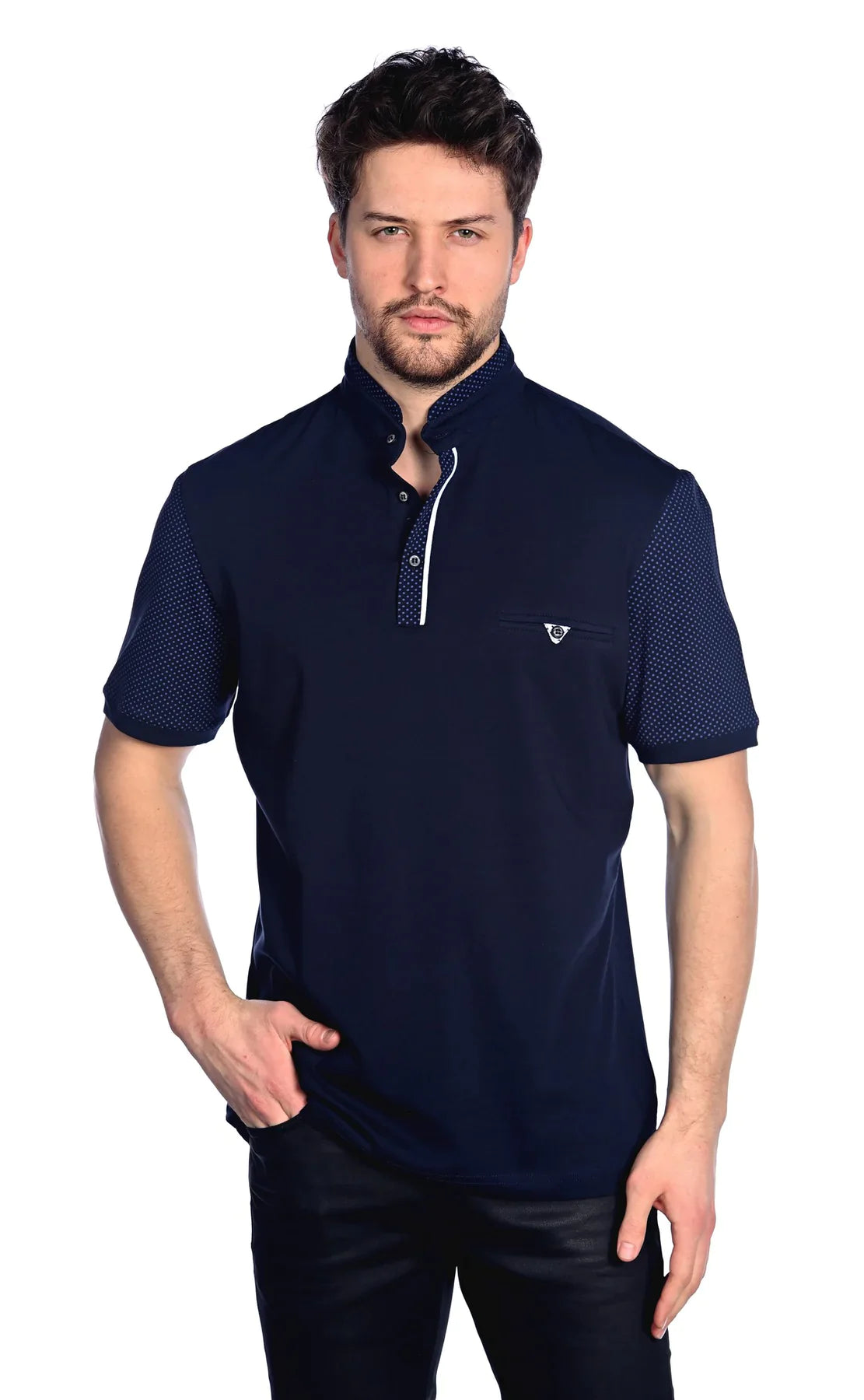 Wholesale,Mizumi, Mizumi Navy Short Sleeve Knit Polo With Dotted Contrast Collar And Sleeves, Blue, Extra Extra Large-51-TagXXLExtra Large-47-TagXLExtra Large-46-TagXLLarge-46-TagLMedium-40-TagM