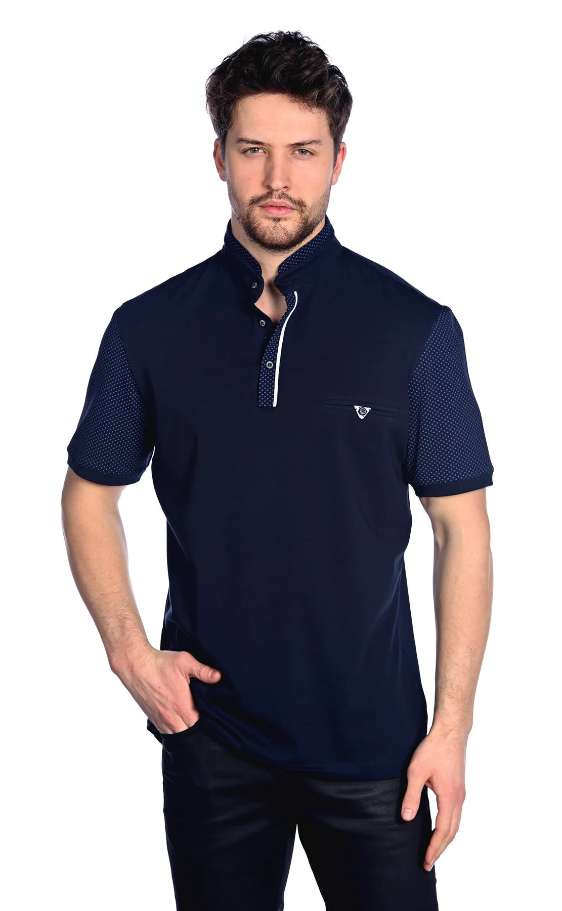 Wholesale,Mizumi, Mizumi Navy Short Sleeve Knit Polo With Dotted Contrast Collar And Sleeves, Blue, Medium-40-TagM