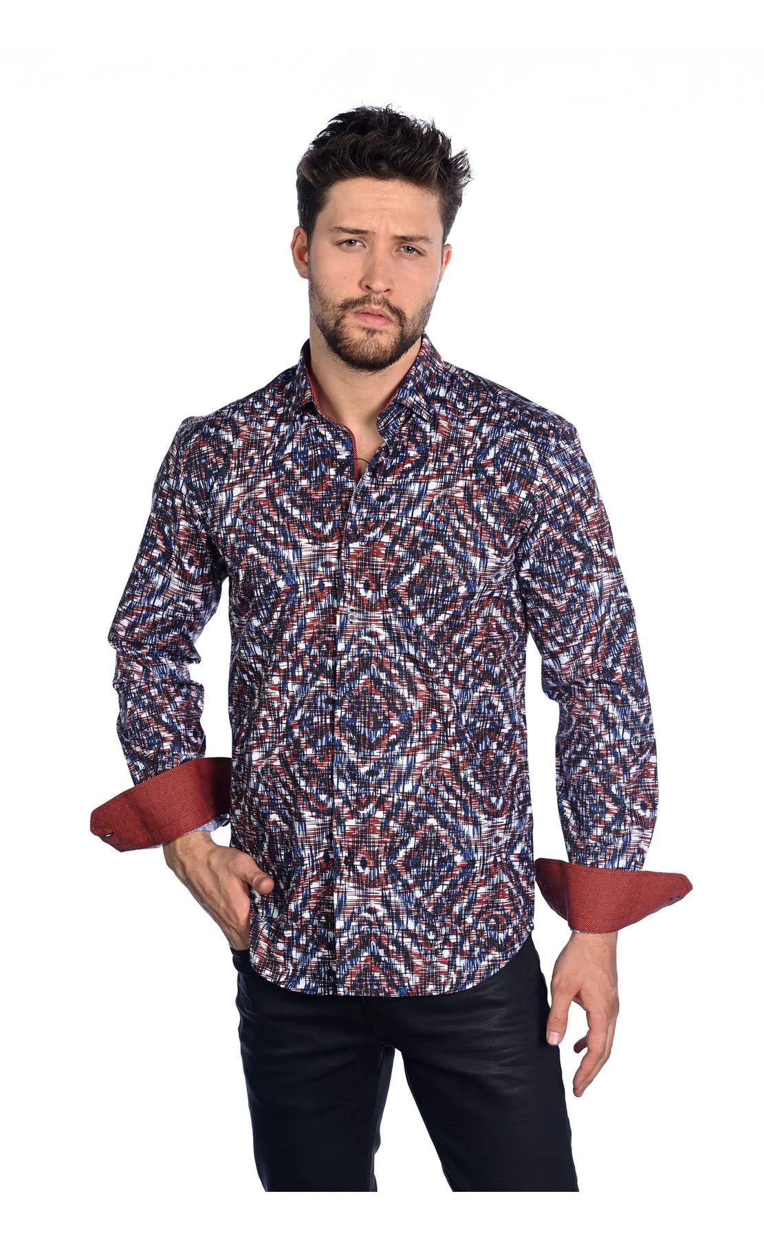 Wholesale,Mizumi, Mizumi White With Red And Navy Abstract Line Print Long Sleeve Button Up Shirt, White, Extra Large-50-TagXXL