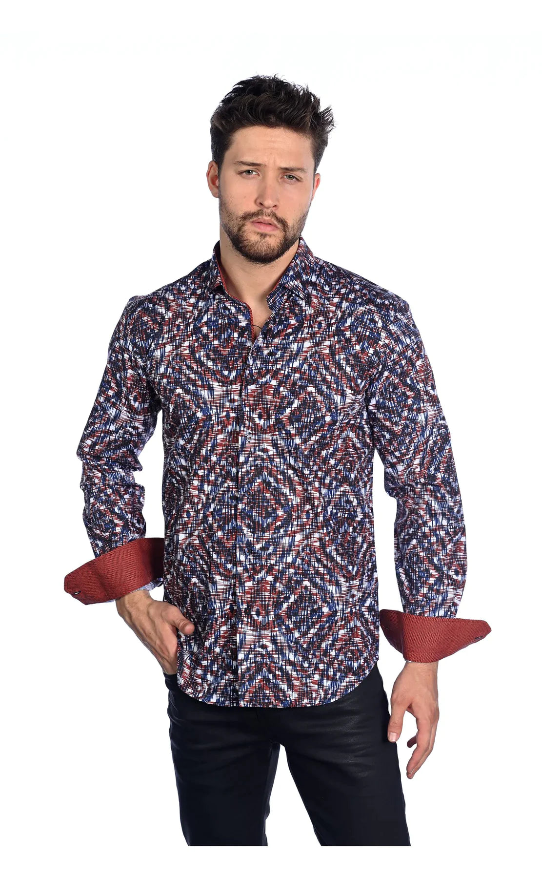 Wholesale,Mizumi, Mizumi White With Red And Navy Abstract Line Print Long Sleeve Button Up Shirt, White, Extra Large-50-TagXXLExtra Large-47-TagXLLarge-45-TagLMedium-43-TagM