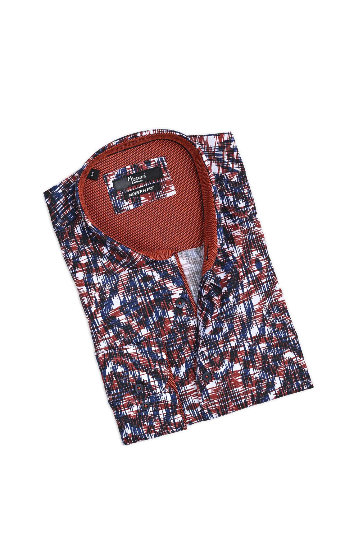 Wholesale,Mizumi, Mizumi White With Red And Navy Abstract Line Print Long Sleeve Button Up Shirt, White, Extra Large-47-TagXL