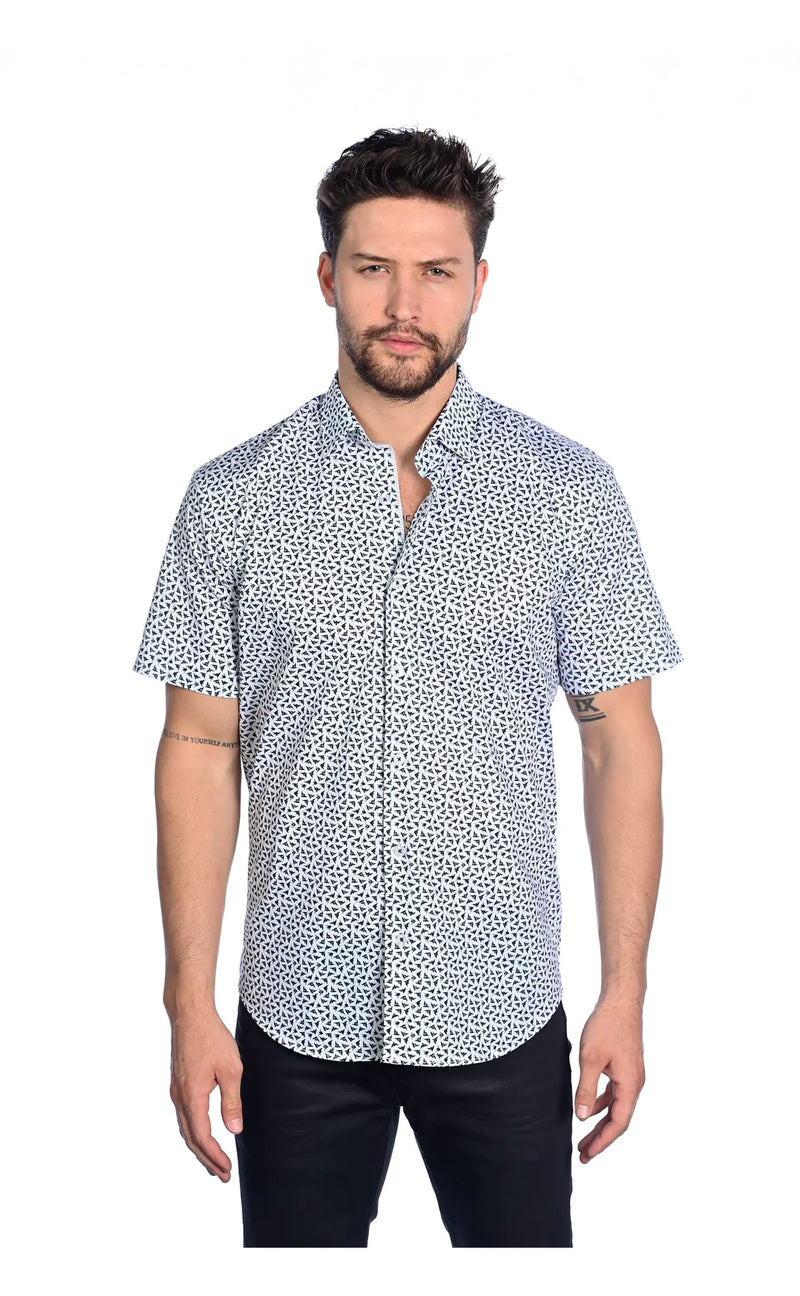 Mizumi White With Grey Origami Bird Print Short Sleeve Button Up Shirt