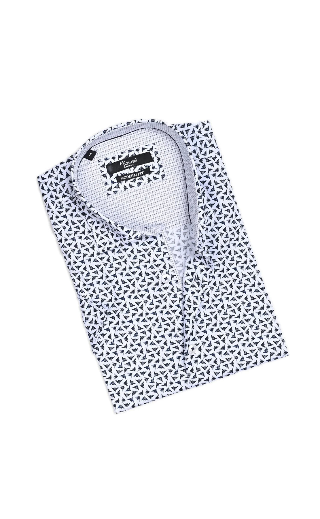 Wholesale,Mizumi, Mizumi White With Grey Origami Bird Print Short Sleeve Button Up Shirt, White, Large-46-TagL