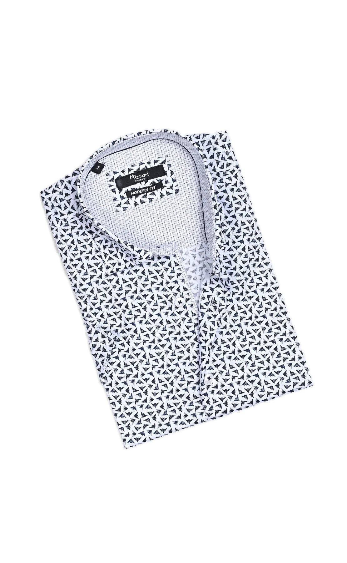 Wholesale,Mizumi, Mizumi White With Grey Origami Bird Print Short Sleeve Button Up Shirt, White, Extra Extra Large-51-TagXXLExtra Large-48-TagXLLarge-46-TagLMedium-44-TagMMedium-42-TagS