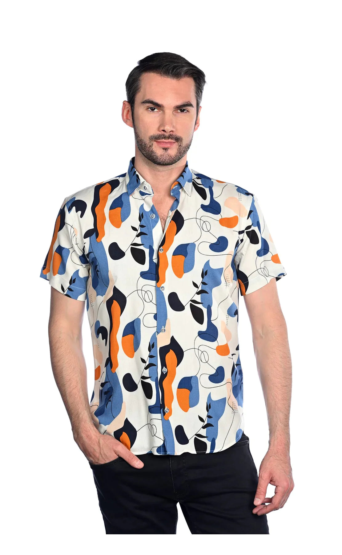Wholesale,Mizumi, Mizumi White With Multi Color Abstract Shape Print Short Sleeve Button Up Shirt, White, Extra Extra Large-51-TagXXLLarge-46-TagLExtra Large-48-TagXLMedium-44-TagM