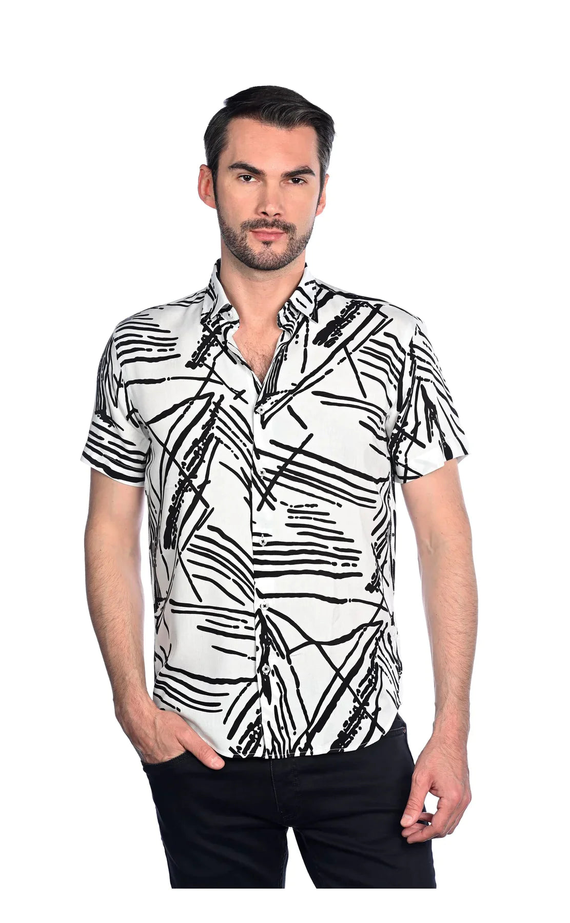 Wholesale,Mizumi, Mizumi White With Black Abstract Line Print Short Sleeve Button Up Shirt, White, Medium-44-TagXXLExtra Large-48-TagXLLarge-46-TagLMedium-44-TagMSmall-42-TagS
