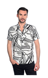 Mizumi White With Black Abstract Line Print Short Sleeve Button Up Shirt