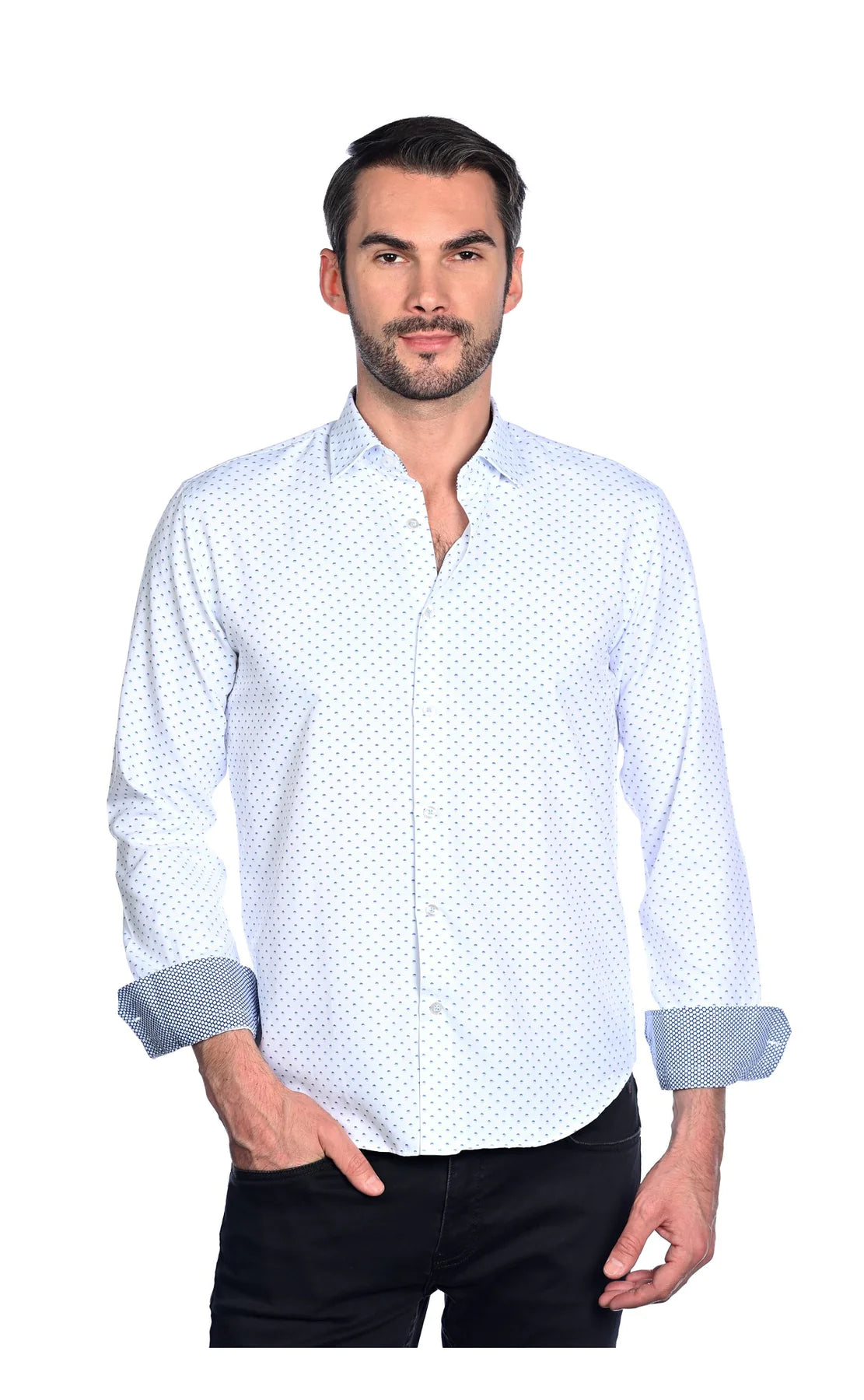 Wholesale,Mizumi, Mizumi White With Blue Geometric Dot Print Long Sleeve Button Up Shirt, White, Large-46-TagL