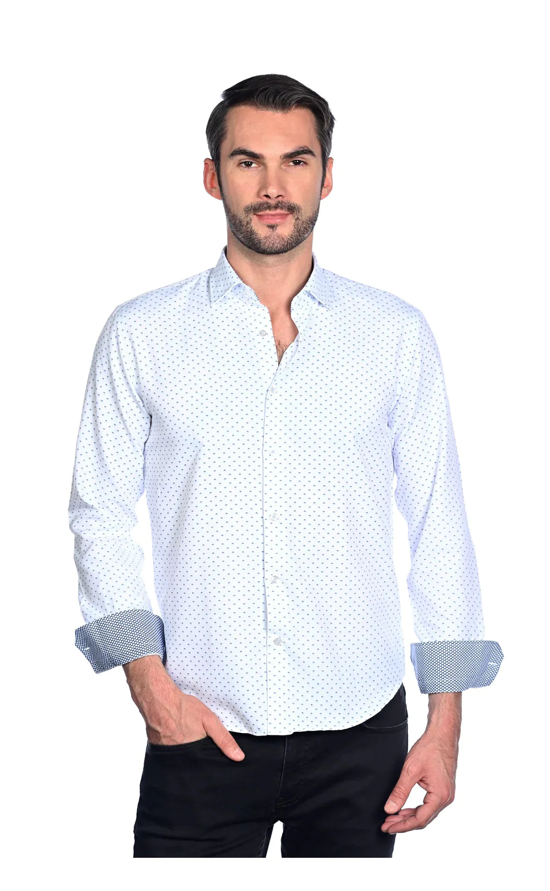 Wholesale,Mizumi, Mizumi White With Blue Geometric Dot Print Long Sleeve Button Up Shirt, White, Extra Large-50-TagXXLExtra Large-48-TagXLLarge-46-TagLMedium-44-TagMSmall-42-TagS