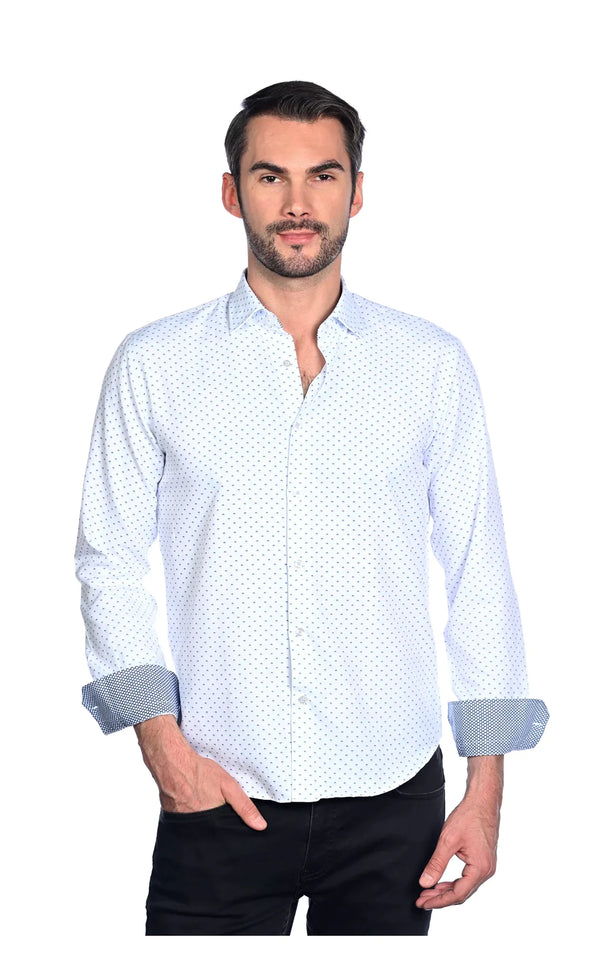 Mizumi White With Blue Geometric Dot Print Long Sleeve Button Up Shirt