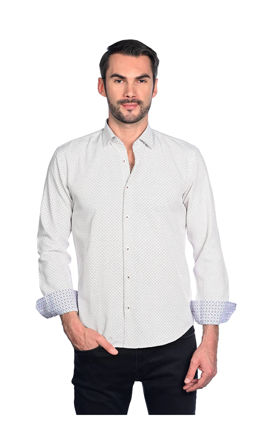 Wholesale,Mizumi, Mizumi Cream With Multi Colored Geometric Dot Print Long Sleeve Button Up Shirt, Cream, Extra Extra Large-51-TagXXLExtra Large-48-TagXLLarge-46-TagLMedium-44-TagMMedium-42-TagS