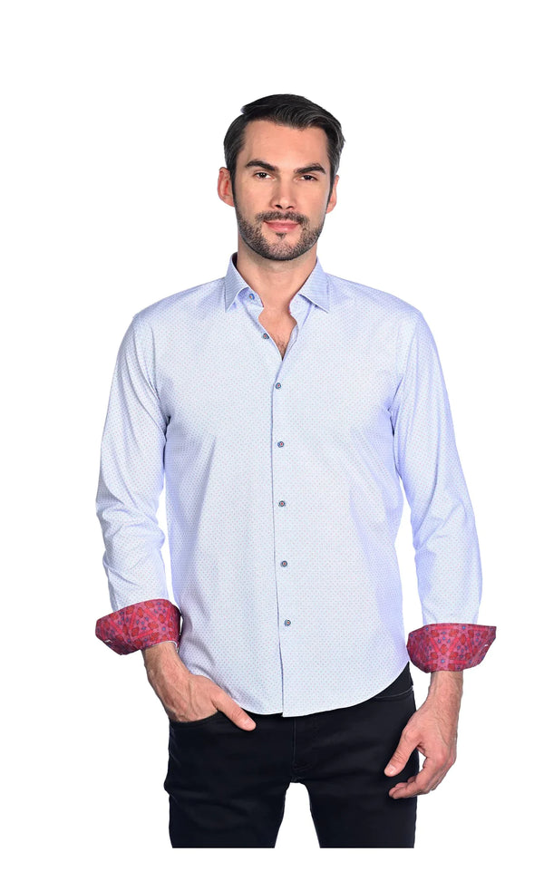 Mizumi White With Blue And Red Dot Print Long Sleeve Button Up