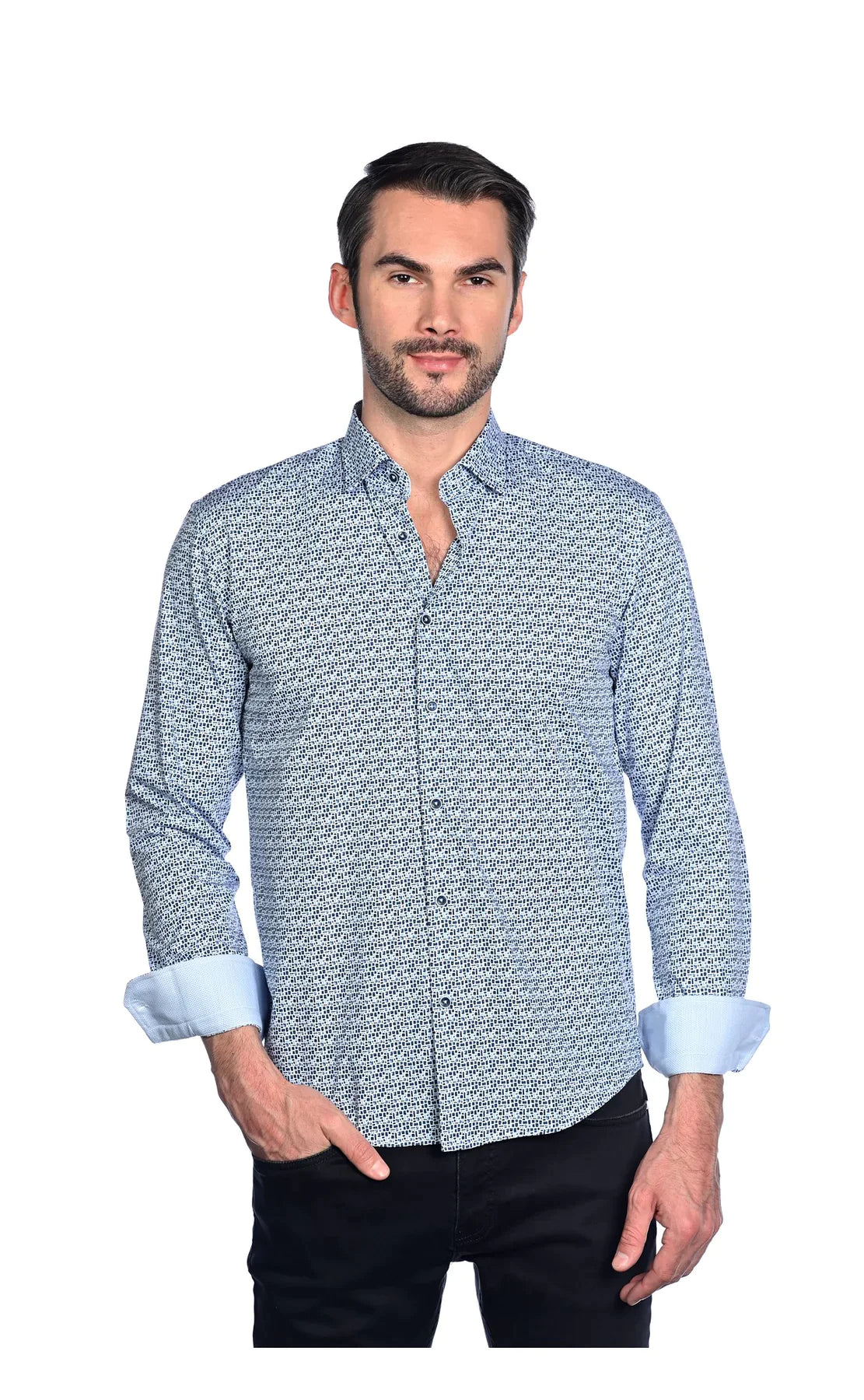 Wholesale,Mizumi, Mizumi White And Blue Square Print Long Sleeve Button Up Shirt, White, Extra Large-48-TagXLLarge-46-TagLMedium-44-TagMMedium-42-TagSExtra Extra Large-51-TagXXL