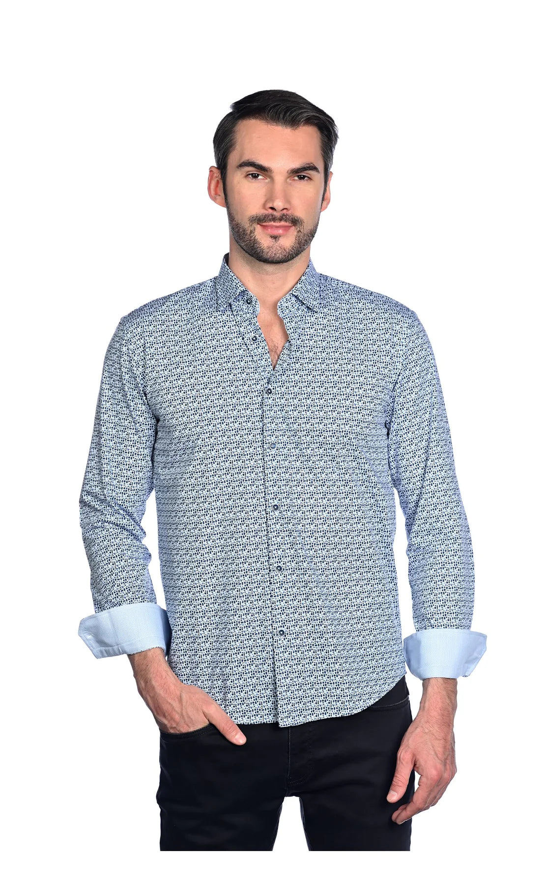 Wholesale,Mizumi, Mizumi White And Blue Square Print Long Sleeve Button Up Shirt, White, Large-46-TagL