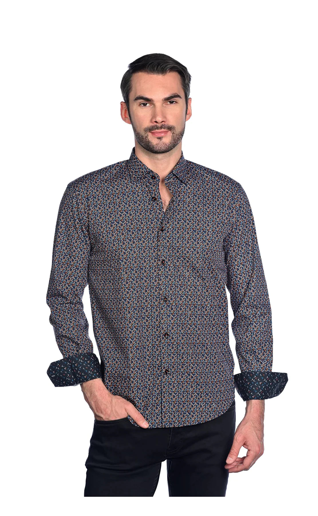 Wholesale,Mizumi, Mizumi Navy With Multi Colored Geometric Diamond Print Long Sleeve Button Up Shirt, Blue, Extra Extra Large-51-TagXXLLarge-46-TagLMedium-42-TagSMedium-44-TagMExtra Large-48-TagXL