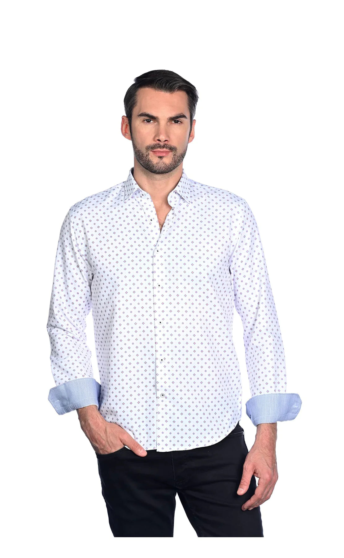 Wholesale,Mizumi, Mizumi White With Navy And Red Geometric Diamond Dot Print Long Sleeve Button Up Shirt, White, Extra Extra Large-51-TagXXLExtra Large-48-TagXLLarge-46-TagLMedium-44-TagMMedium-42-TagS