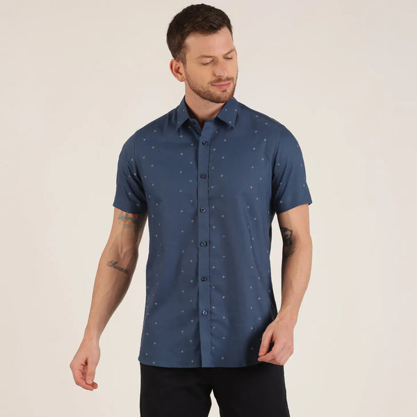 Morgan.M Dark Blue Diamond Print Short Sleeve Button Up