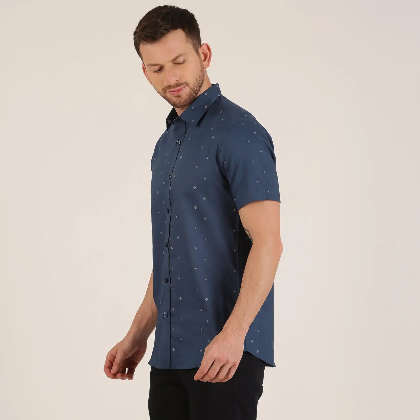 Faire,Morgan.M, Morgan.M Dark Blue Diamond Print Short Sleeve Button Up, Blue, Small-38-TagS