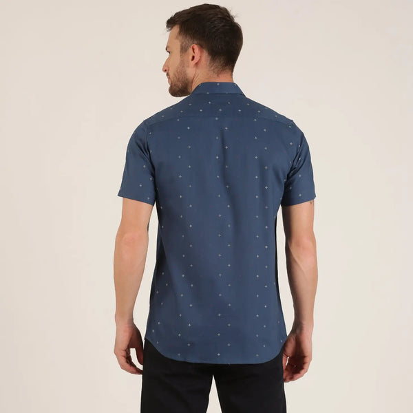 Morgan.M Dark Blue Diamond Print Short Sleeve Button Up