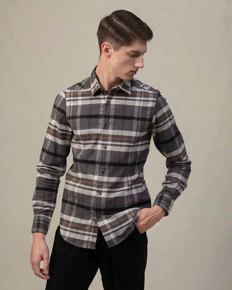 Morgan.M Dark Grey Multi Plaid Long Sleeve Flannel Button Up