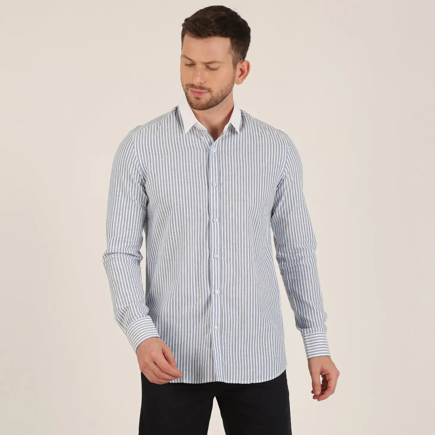 Faire,Morgan.M, Morgan.M Light Blue Stripe Print with White Contrast Collar Long Sleeve Button Up, Blue, Small-40-TagS