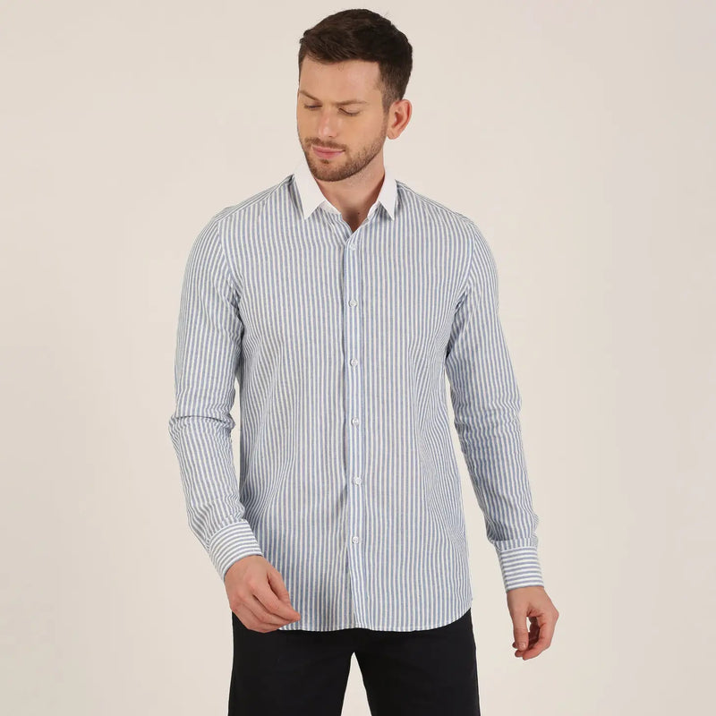 Morgan.M Light Blue Stripe Print with White Contrast Collar Long Sleeve Button Up