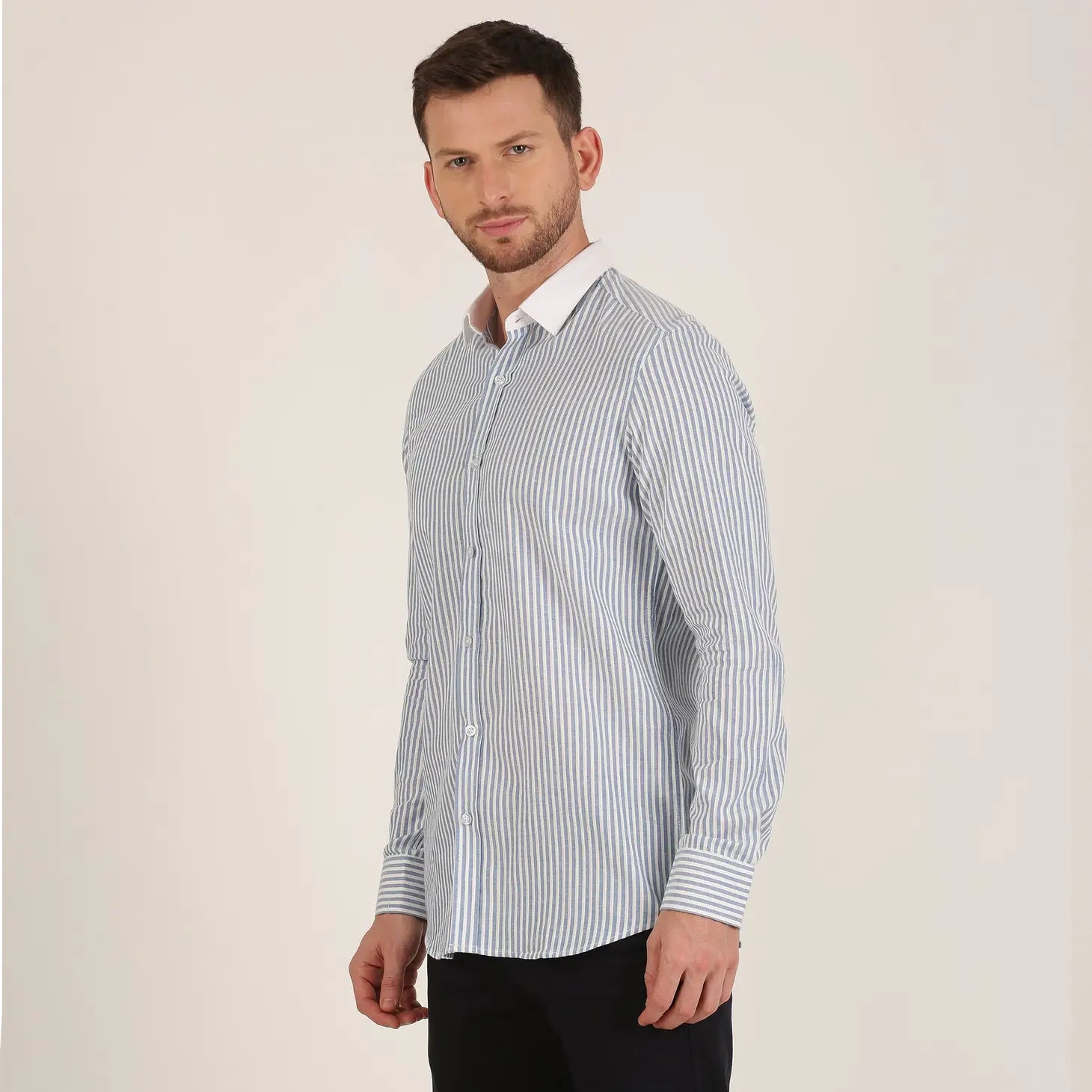 Faire,Morgan.M, Morgan.M Light Blue Stripe Print with White Contrast Collar Long Sleeve Button Up, Blue, Small-40-TagS