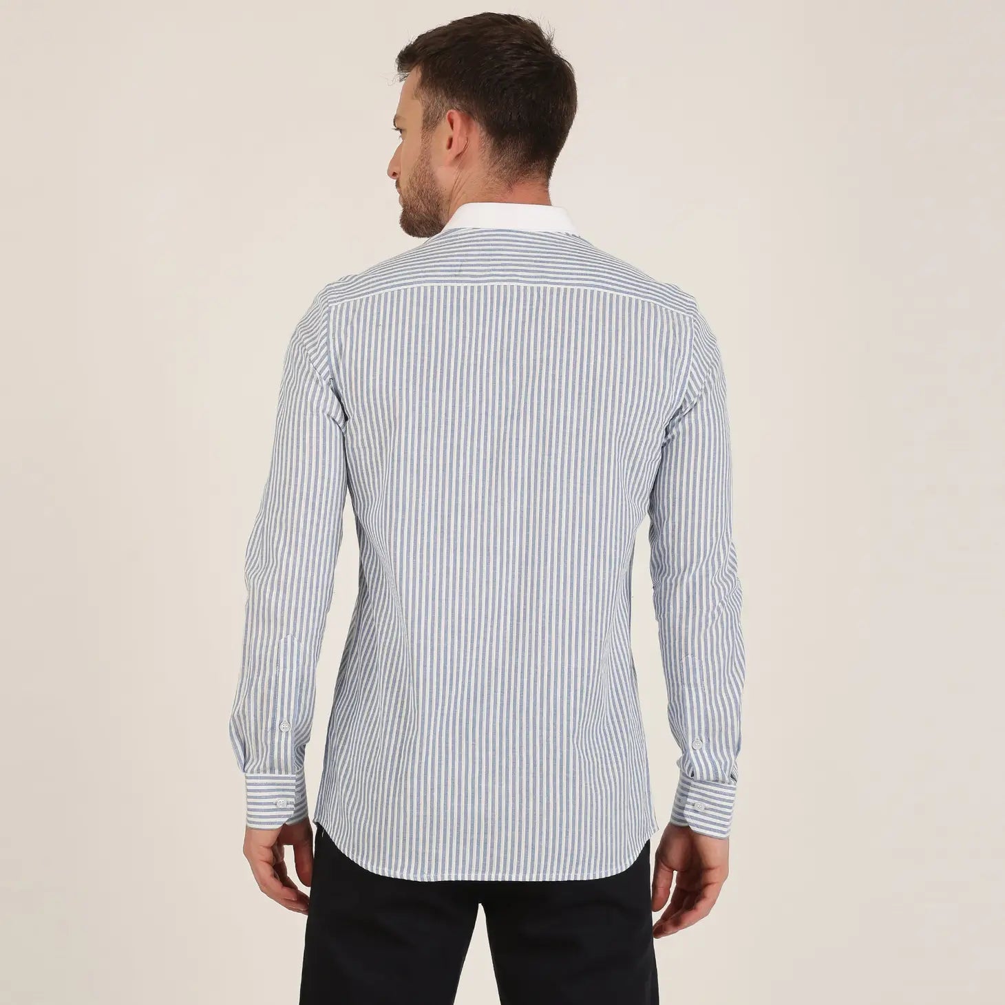 Faire,Morgan.M, Morgan.M Light Blue Stripe Print with White Contrast Collar Long Sleeve Button Up, Blue, Small-40-TagS