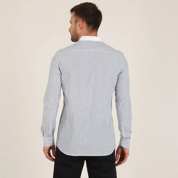 Morgan.M Light Blue Stripe Print with White Contrast Collar Long Sleeve Button Up