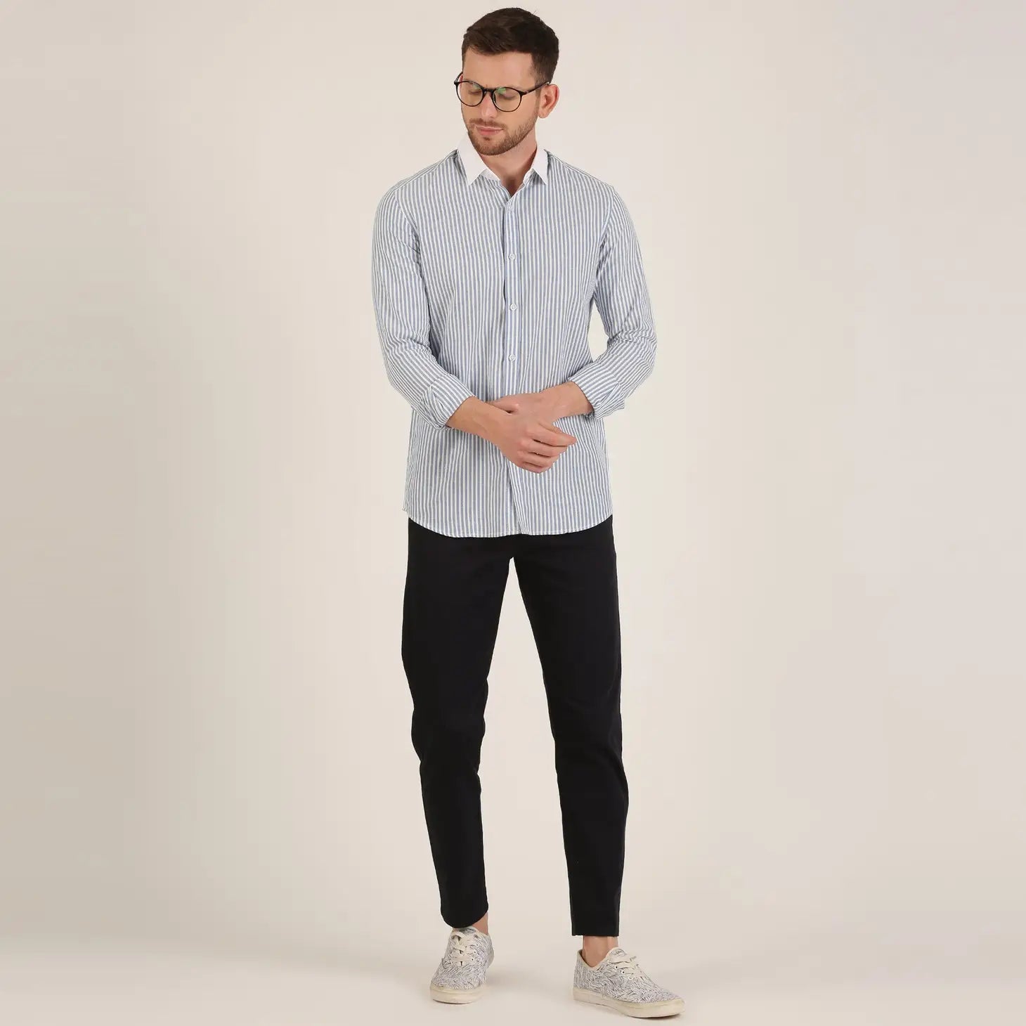 Faire,Morgan.M, Morgan.M Light Blue Stripe Print with White Contrast Collar Long Sleeve Button Up, Blue, Small-40-TagS