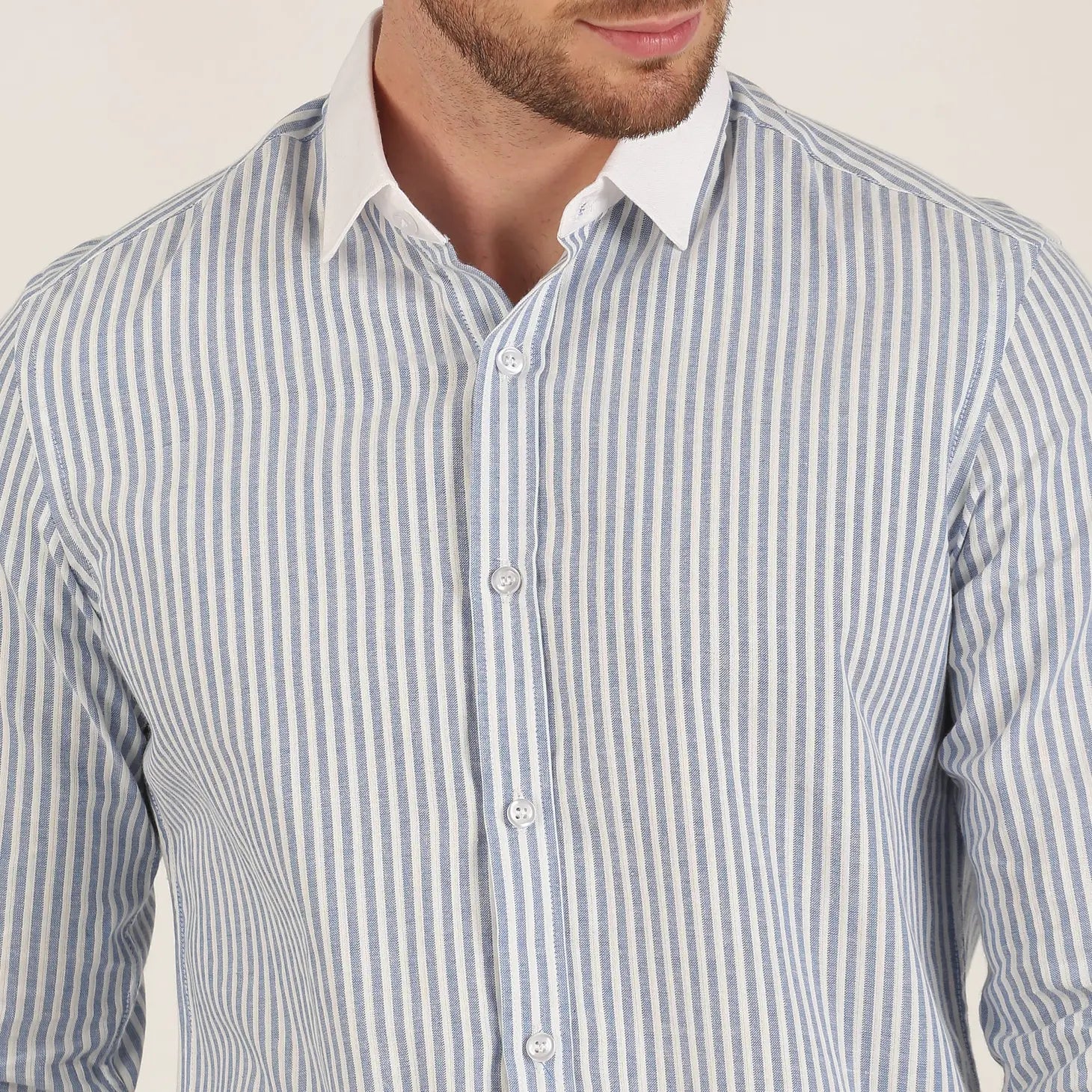 Faire,Morgan.M, Morgan.M Light Blue Stripe Print with White Contrast Collar Long Sleeve Button Up, Blue, Small-40-TagS