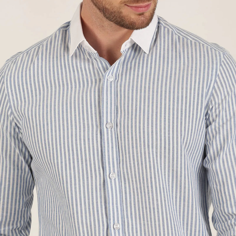 Morgan.M Light Blue Stripe Print with White Contrast Collar Long Sleeve Button Up