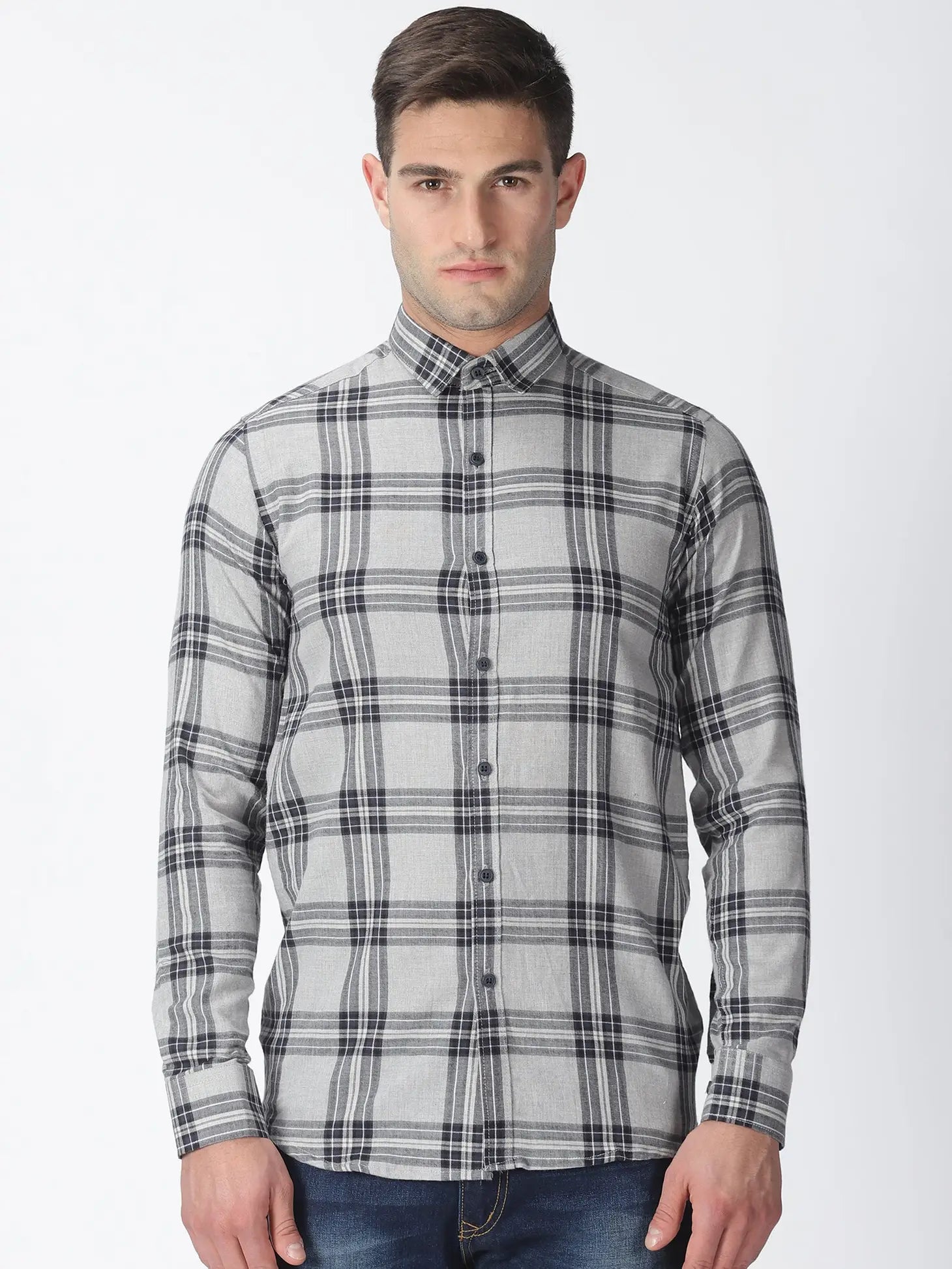 Faire,Morgan.M, Morgan.M Light Grey Plaid Long Sleeve Button Up, Grey, Medium-42-TagXL
