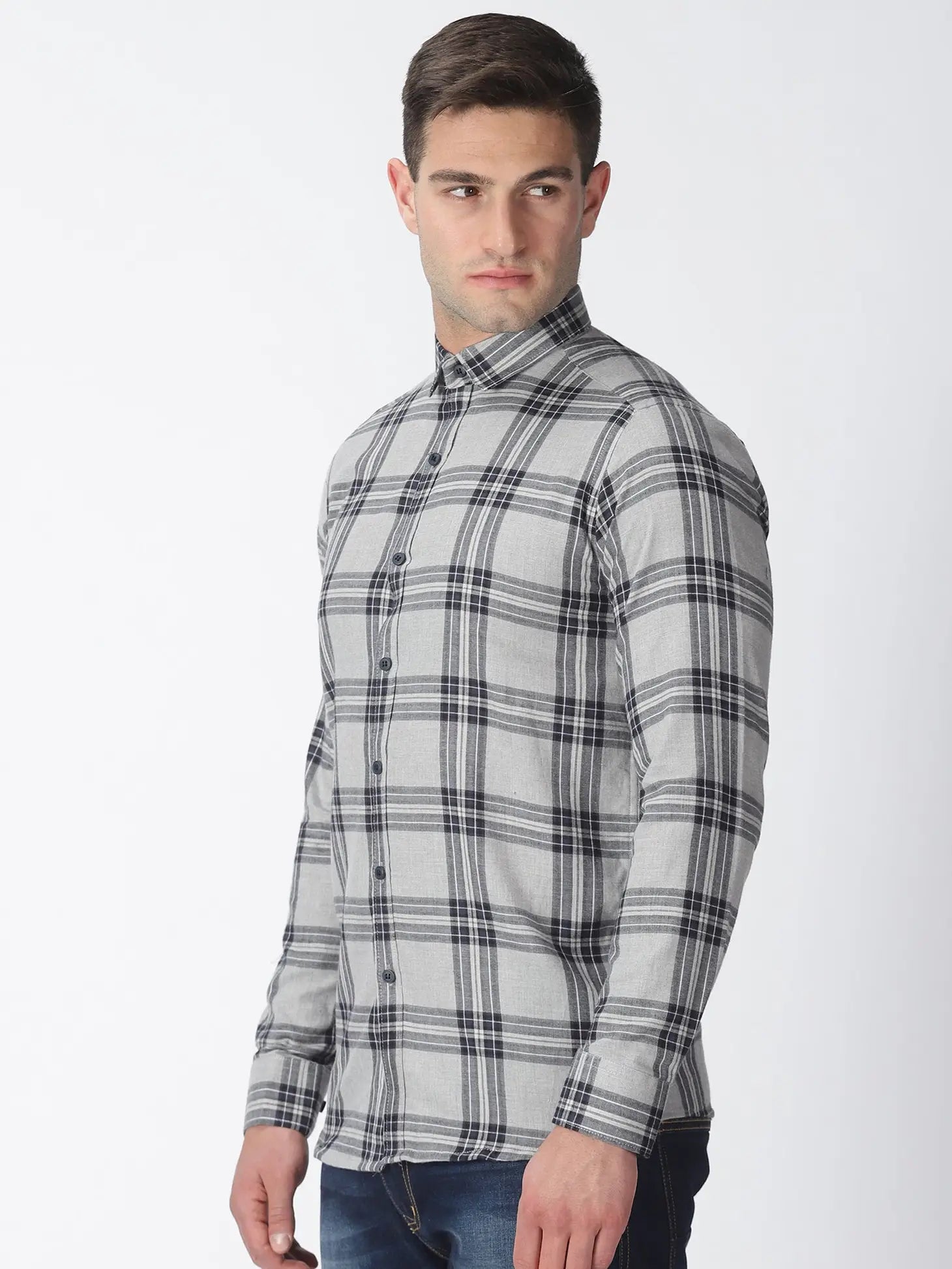 Faire,Morgan.M, Morgan.M Light Grey Plaid Long Sleeve Button Up, Grey, Small-40-TagLMedium-42-TagXL