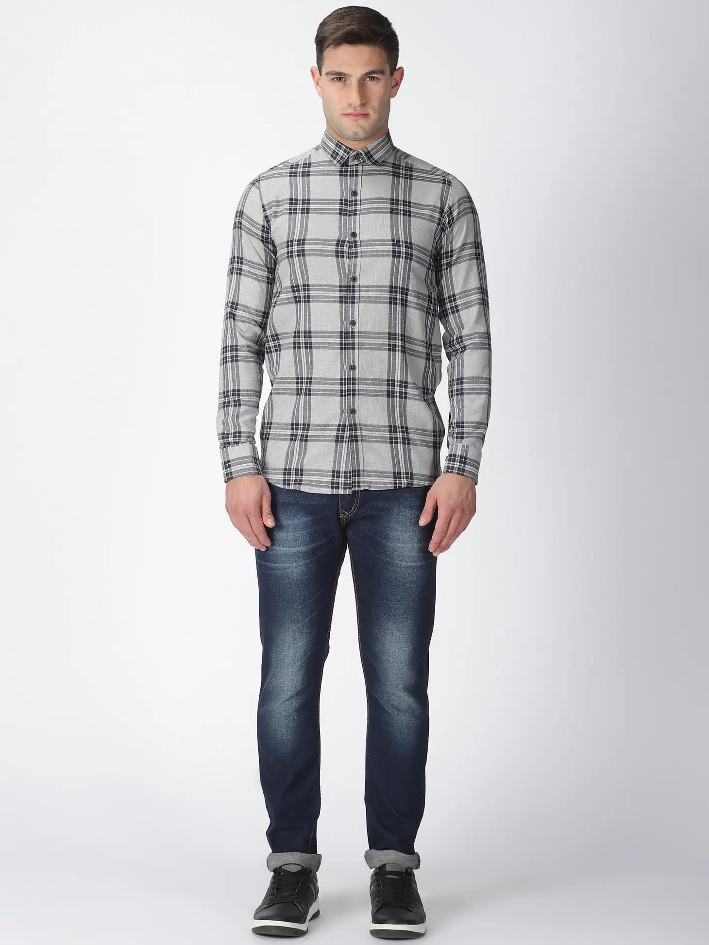 Faire,Morgan.M, Morgan.M Light Grey Plaid Long Sleeve Button Up, Grey, Small-40-TagLMedium-42-TagXL