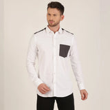 White Solid with Charcoal Grey Shoulder Details Long Sleeve Button Up