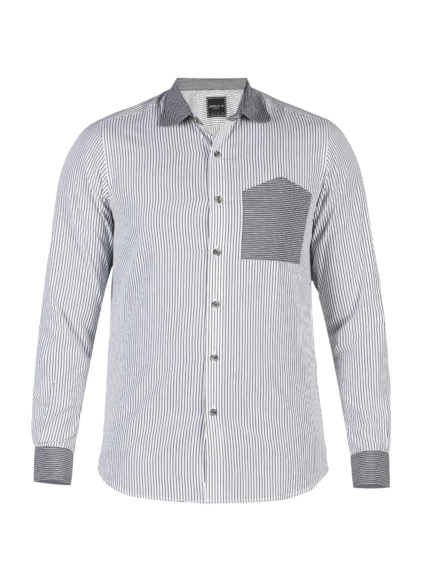 Faire,Morgan.M, Morgan.M Light Grey Pinstripe with Dark Grey Contrast Collar Long Sleeve Button Up, Grey, Large-47-TagXXLLarge-46-TagXLMedium-42-TagLMedium-43-TagLSmall-41-TagM
