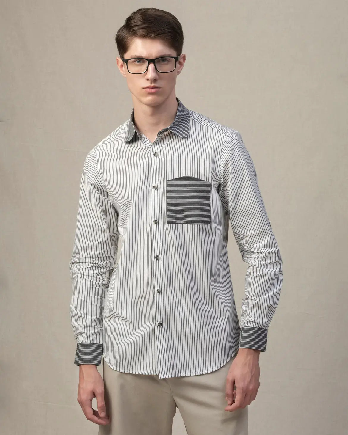 Faire,Morgan.M, Morgan.M Light Grey Pinstripe with Dark Grey Contrast Collar Long Sleeve Button Up, Grey, Large-47-TagXXL