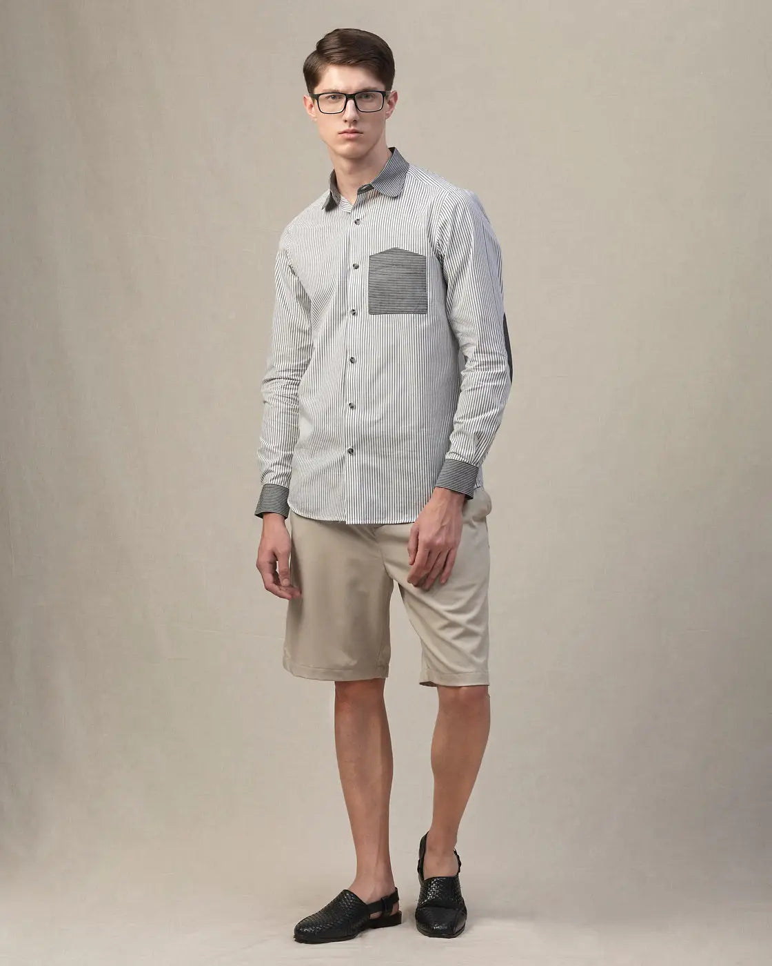 Faire,Morgan.M, Morgan.M Light Grey Pinstripe with Dark Grey Contrast Collar Long Sleeve Button Up, Grey, Large-47-TagXXL