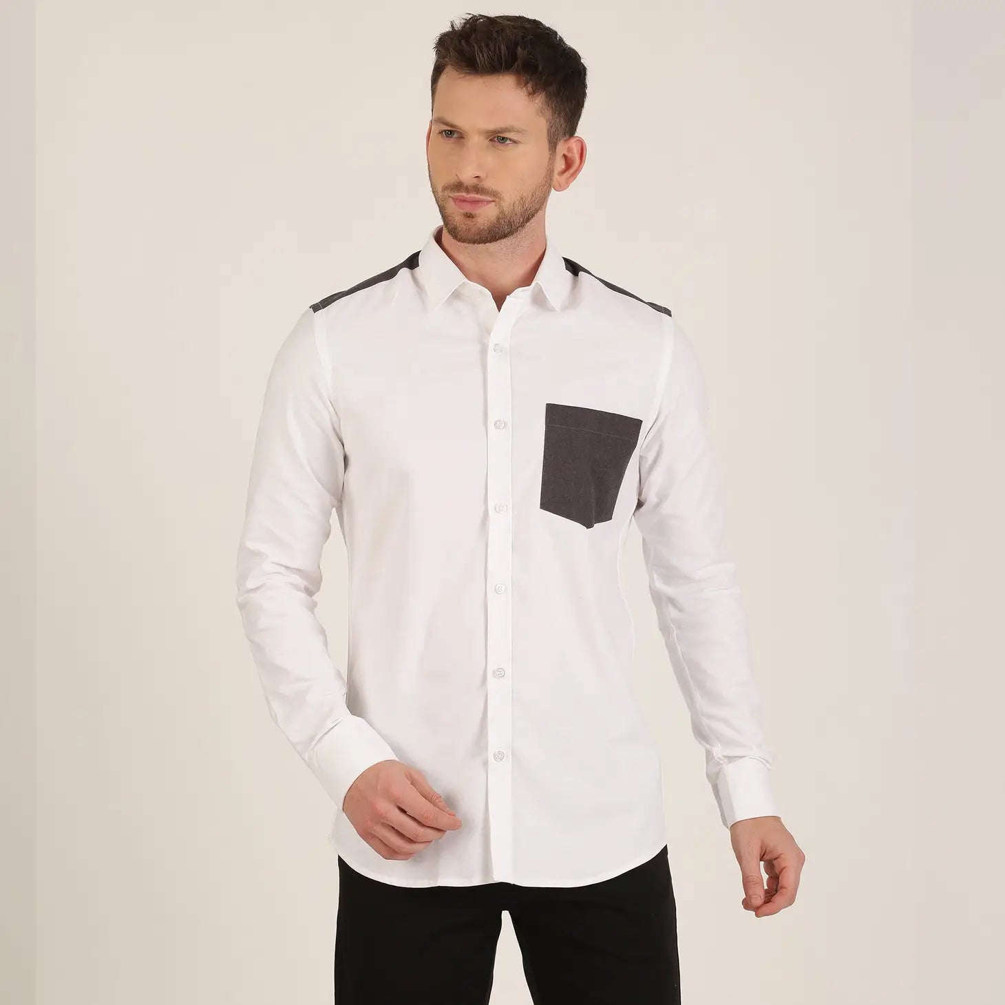 Faire,Morgan.M, Morgan.M White Solid with Charcoal Grey Shoulder Details Long Sleeve Button Up, White, Medium-42-TagL