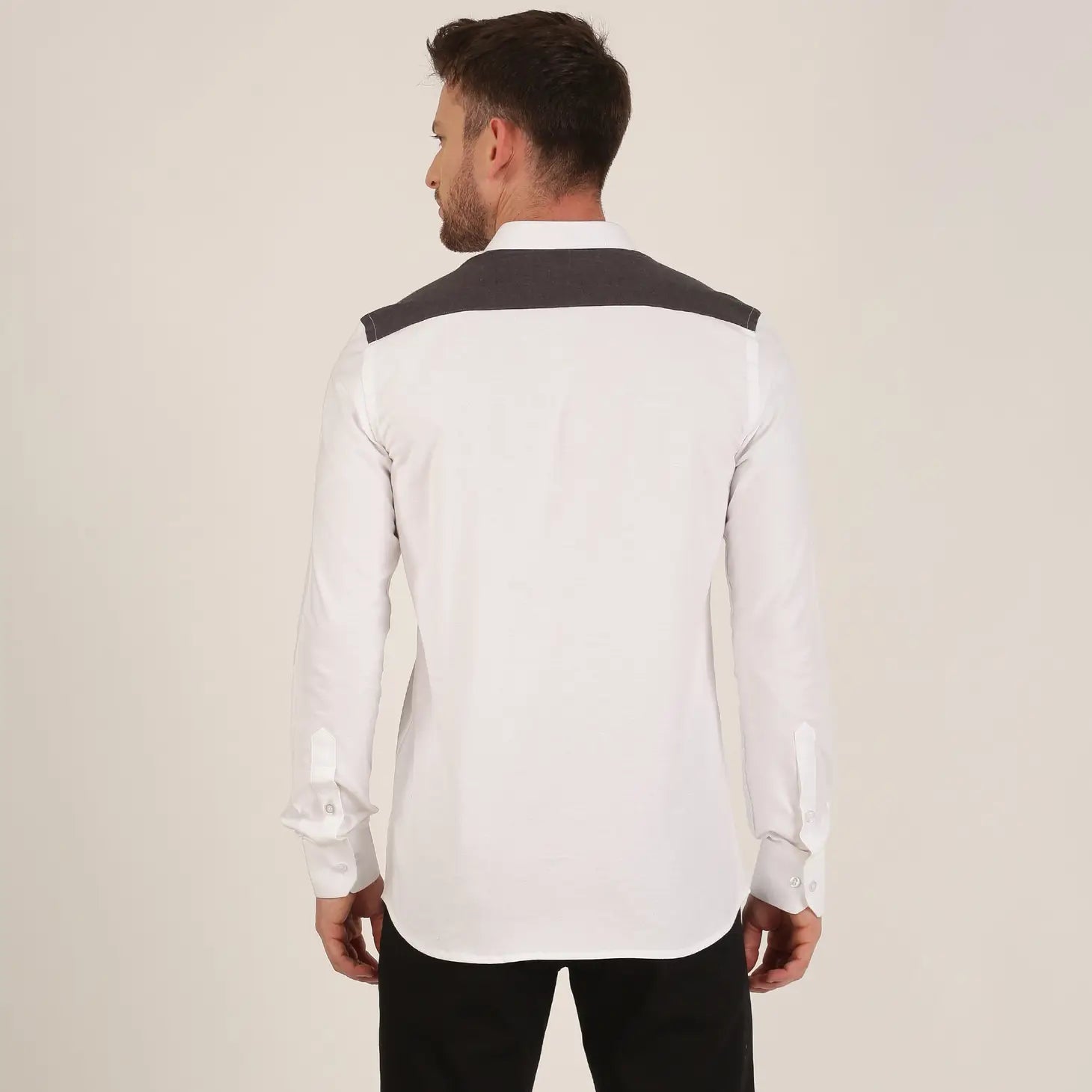 Faire,Morgan.M, Morgan.M White Solid with Charcoal Grey Shoulder Details Long Sleeve Button Up, White, Medium-42-TagLMedium-43-TagL