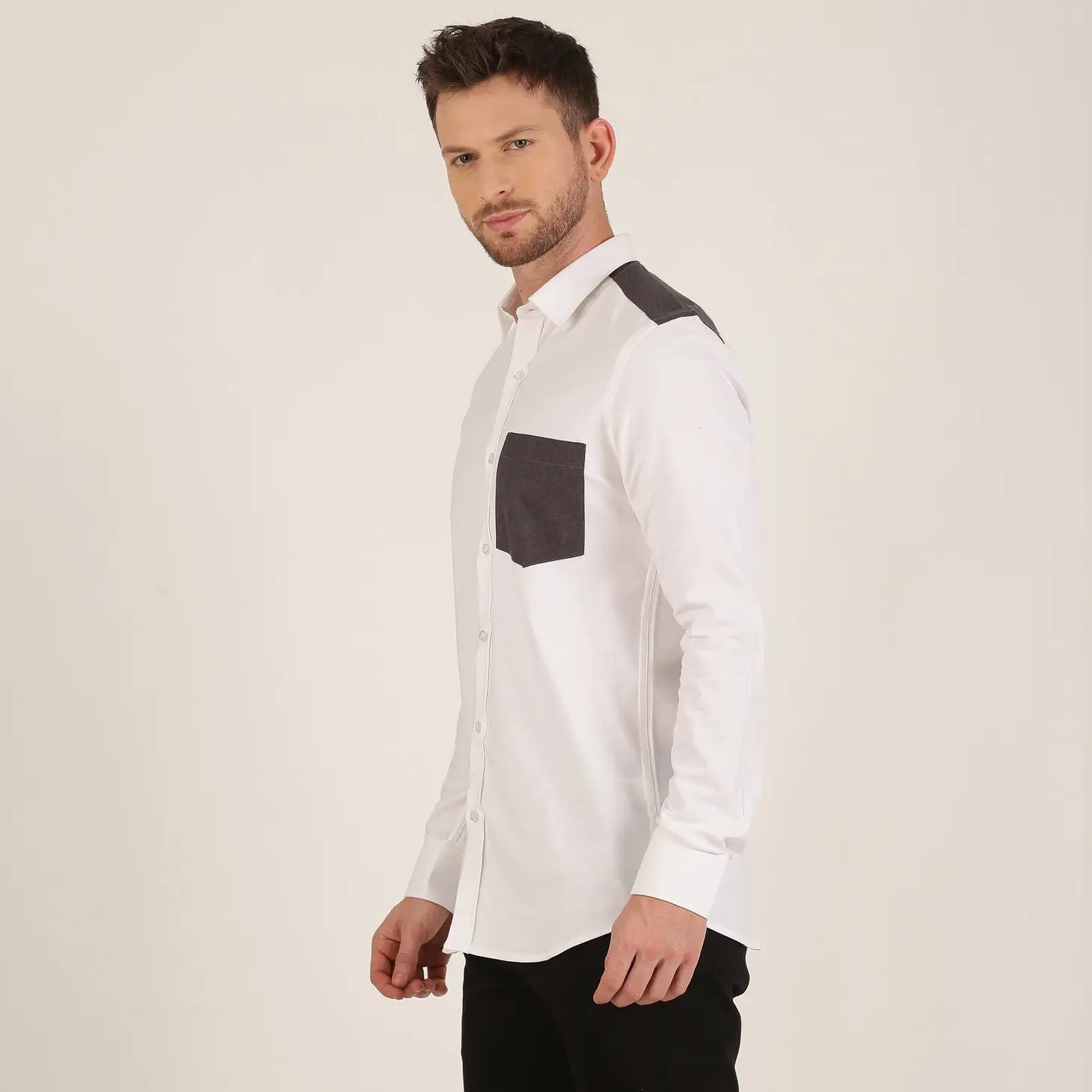 Faire,Morgan.M, Morgan.M White Solid with Charcoal Grey Shoulder Details Long Sleeve Button Up, White, Medium-42-TagL