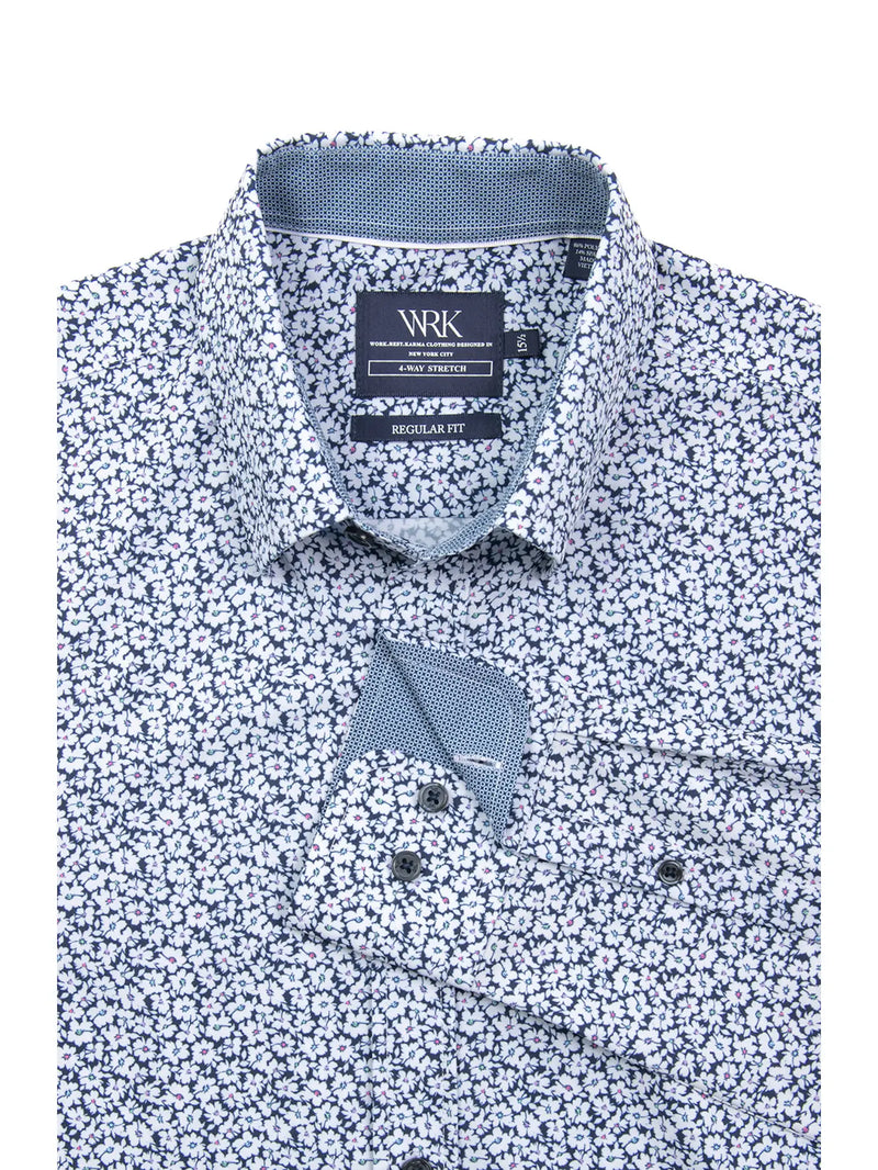 W.R.K Navy With White Floral Printed Long Sleeve Dress Shirt