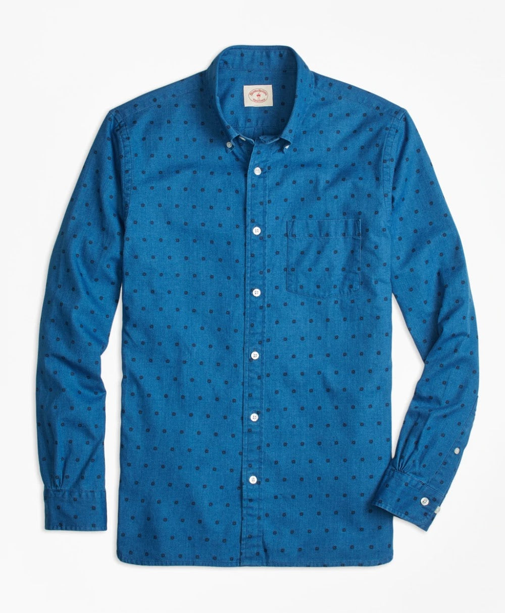 Brooks Brothers,Brooks Brothers, Brooks Brothers Blue Chambray Polka Dot Button Down Shirt, Blue, Medium-43-TagM