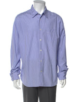 Officine Generale Light Blue Micro Striped Long Sleeve Button Up Shirt With Front Chest Pocket
