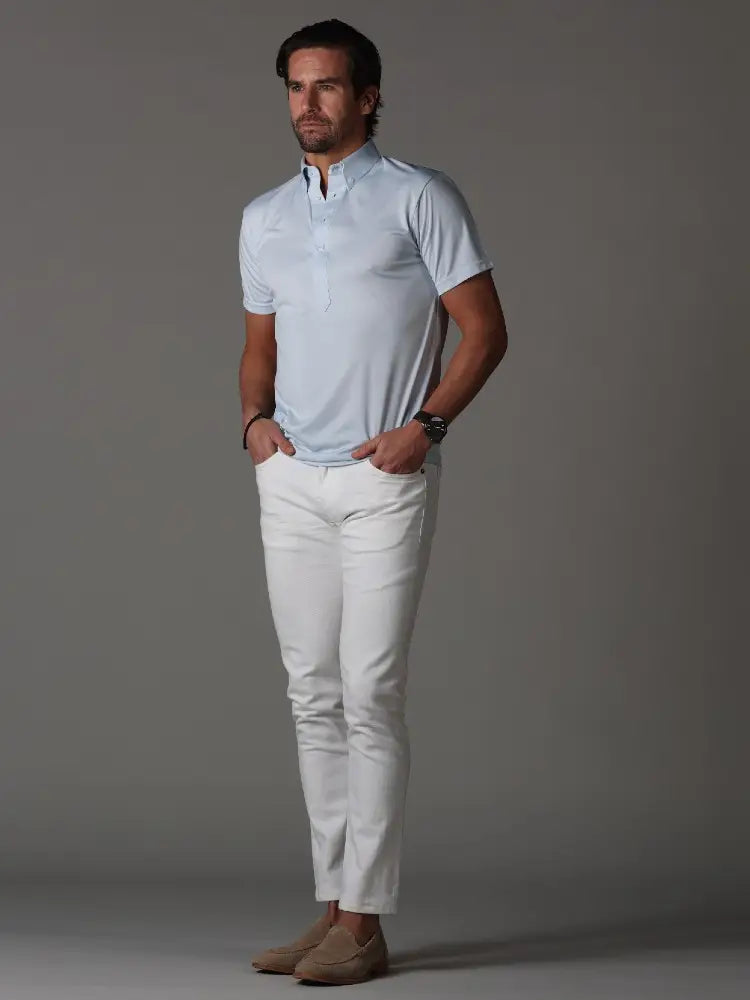 Collars & Co Light Blue 4-Way Stretch Short Sleeve Button Down Polo Taelor.Style Collars & Co Light Blue 4-Way Stretch Short Sleeve Button Down Polo Taelor.Style
