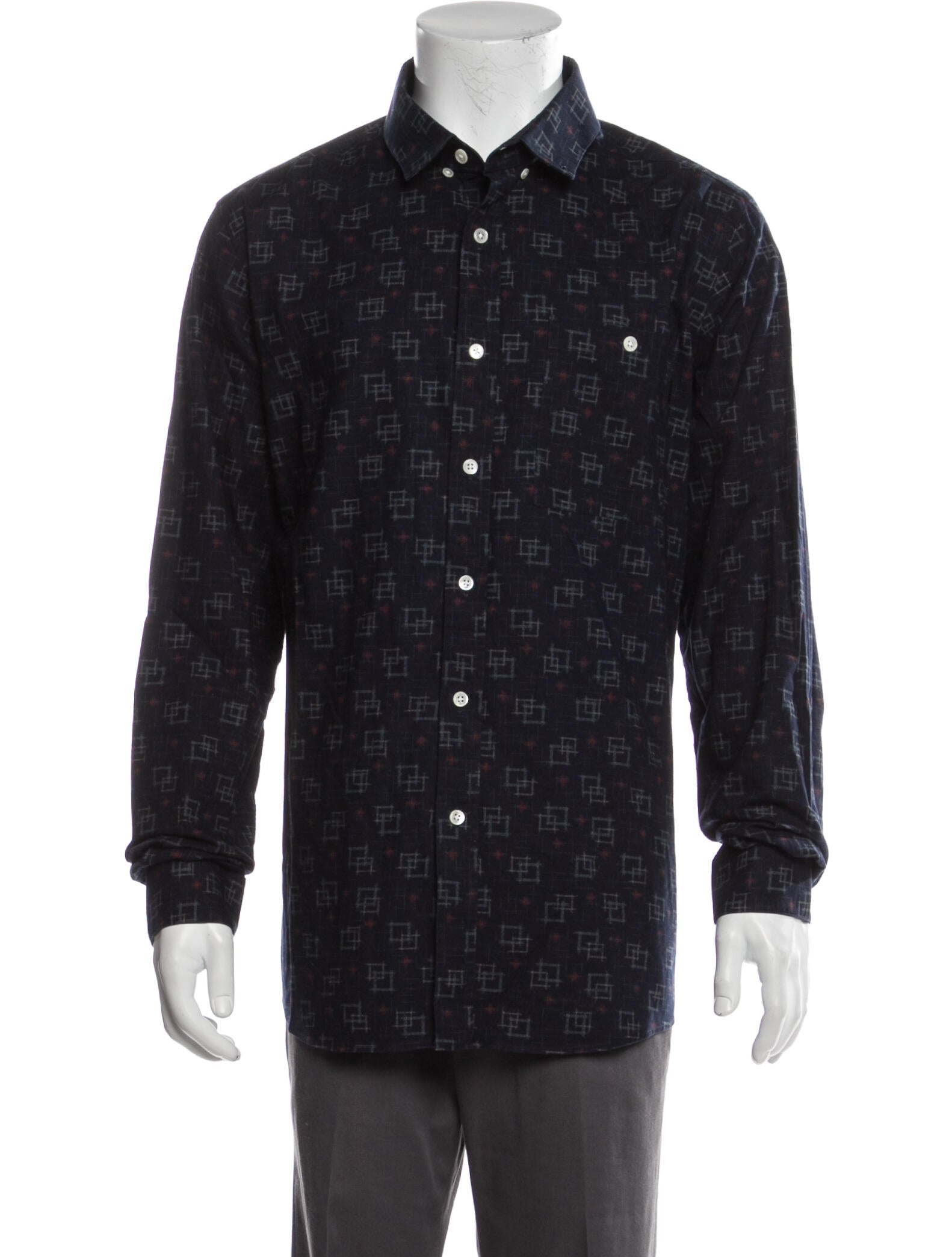 Patrik Ervell,Patrick Ervell, Patrik Ervell Navy Linking Square Print Button Up, Blue, Large-46-TagL