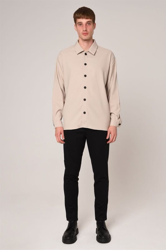 Clothing Supplier,Antioch, Antioch Taupe Overshirt With Contrast Black Buttons, Tan, Medium-45-TagS
