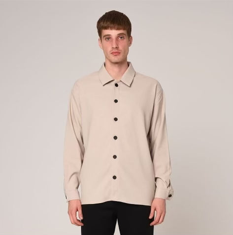 Clothing Supplier,Antioch, Antioch Taupe Overshirt With Contrast Black Buttons, Tan, Medium-45-TagS