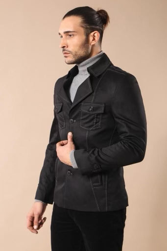 Wessi Black Structured Shouldered Button Up Jacket With Four Front Pockets & Contrast Stitching